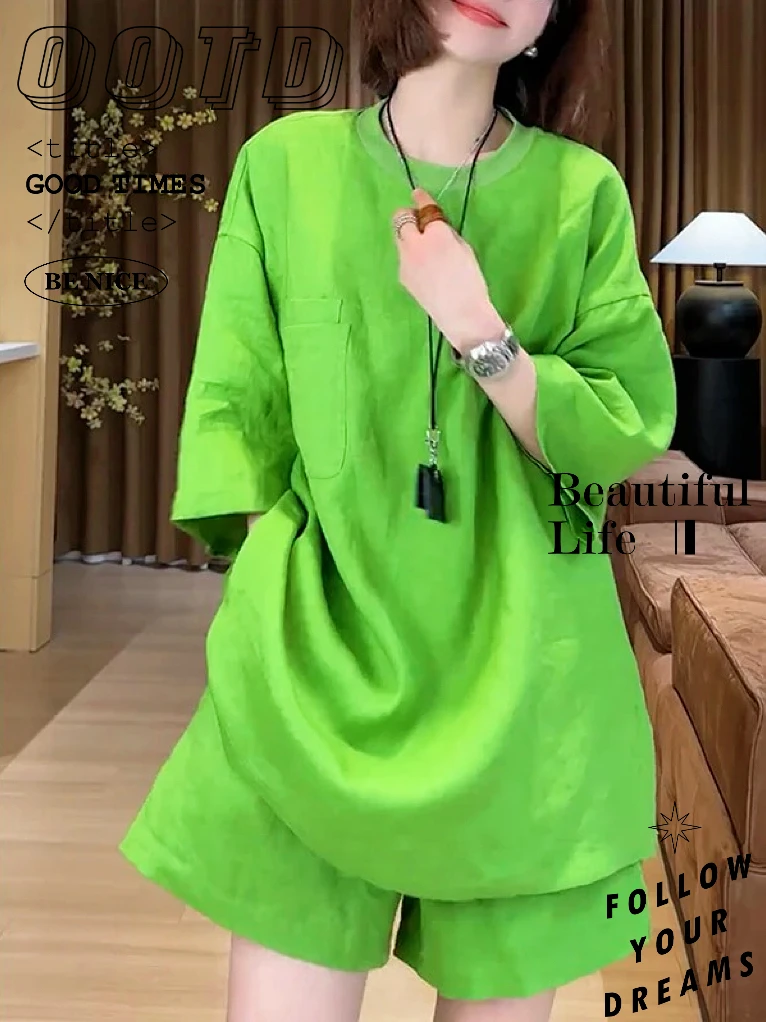 时尚两件套欧洲站2025夏季慵懒风百搭宽松中长款上衣高腰纯色短裤