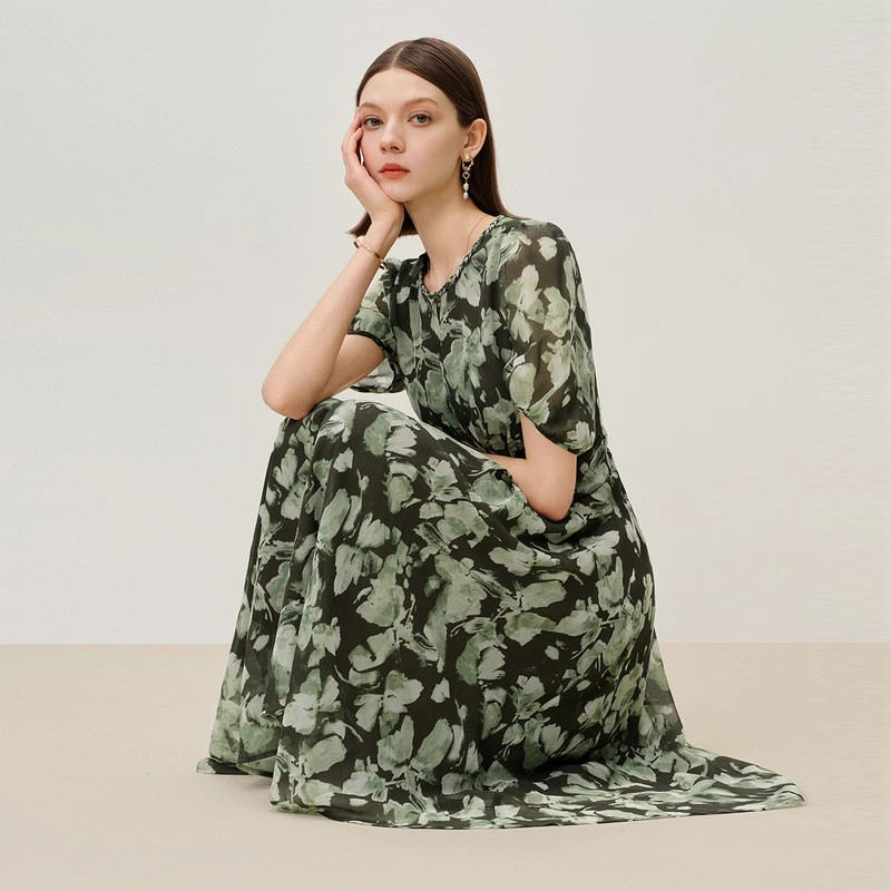 dunnu夏法式编织圆领印花雪纺连衣裙FT250930