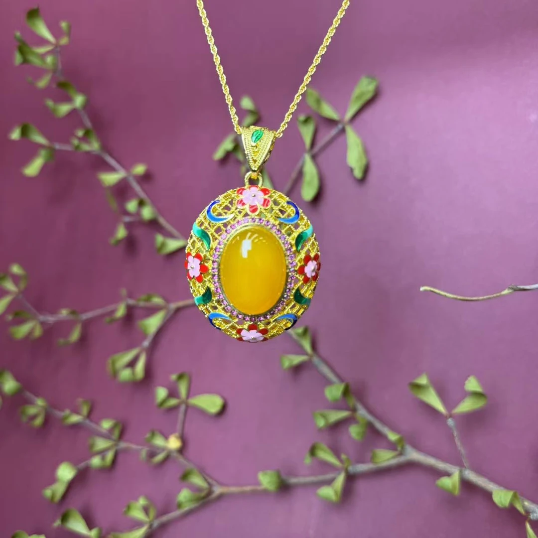 高定珠宝宫廷风鸡油黄玛瑙蛋面吊坠-y2144合金赠麻花链