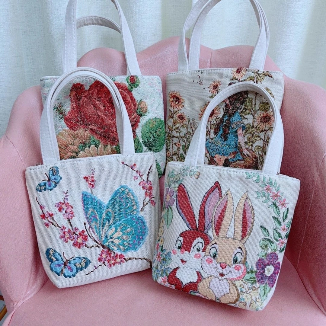 双面金丝手提帆布小包耐磨耐脏时尚百搭款刺绣带拉链手拎外出提花