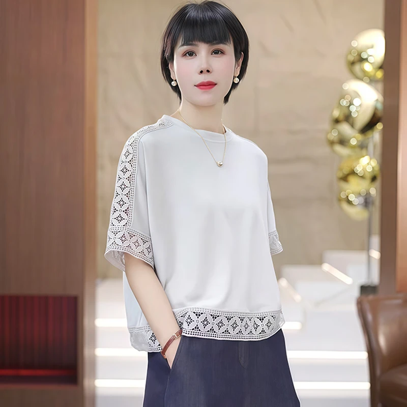 法式纯色镂空设计感圆领短袖衬衫女2025年夏季新款宽松遮肉上衣潮