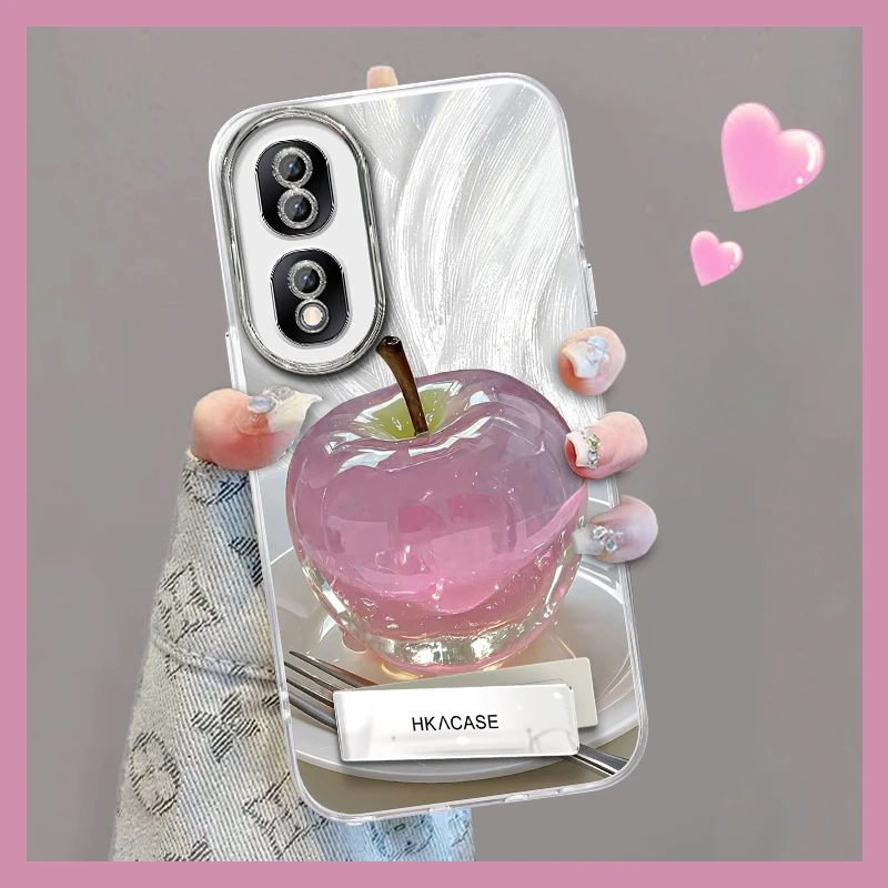 适用于荣耀70pro精孔羽纱晶莹粉苹果网红创意支架全包手机壳女款