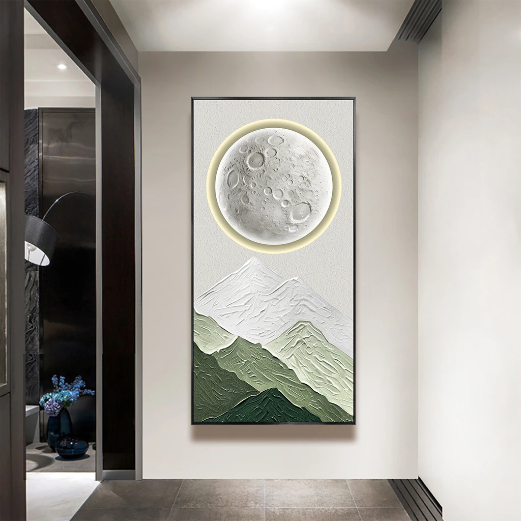 3d立体皓月山峦浮雕玄关画走廊过道灯光现代高级感入户装饰画