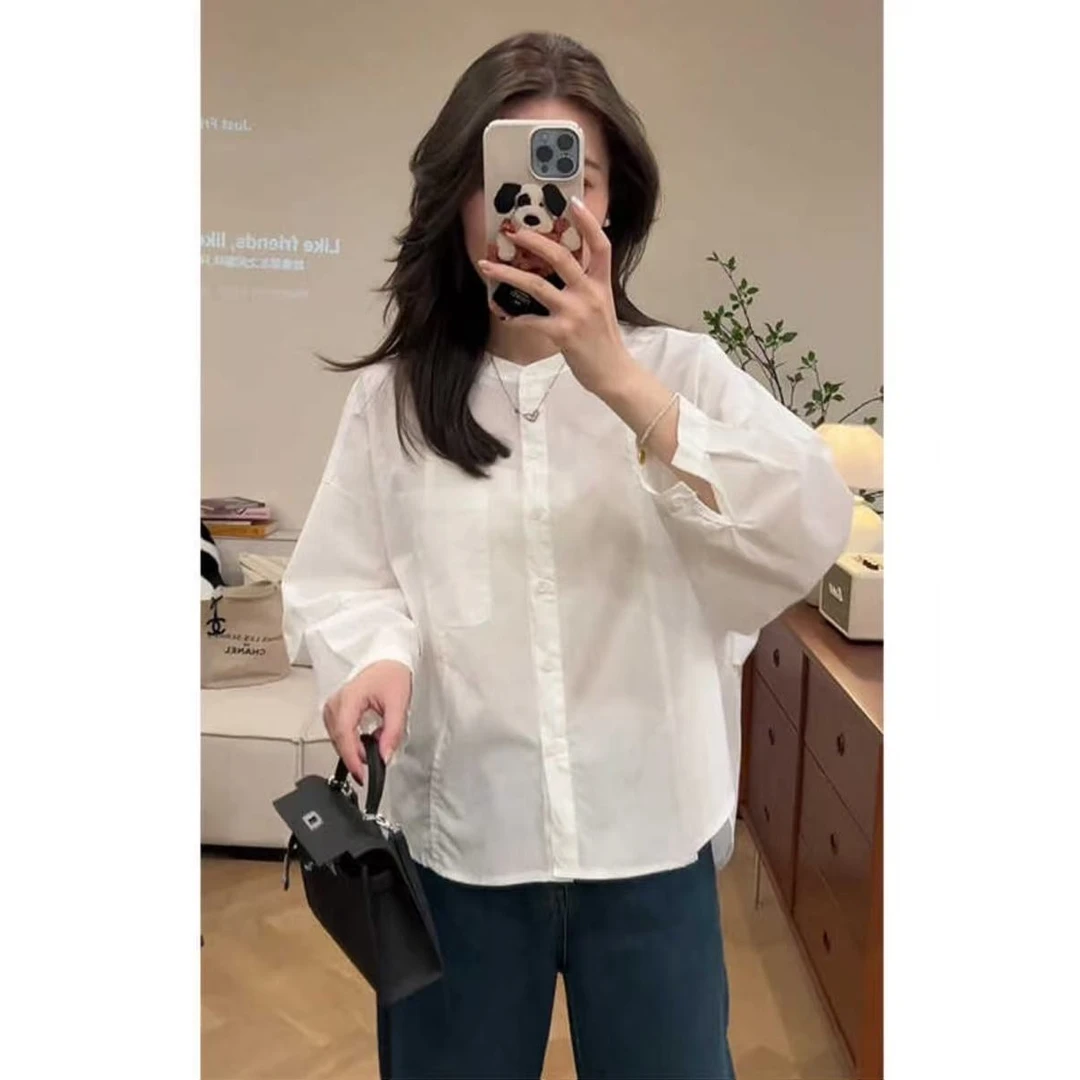 洋气无领纯色衬衫显瘦百搭女上衣衬衫简约百搭气质长袖时尚小众