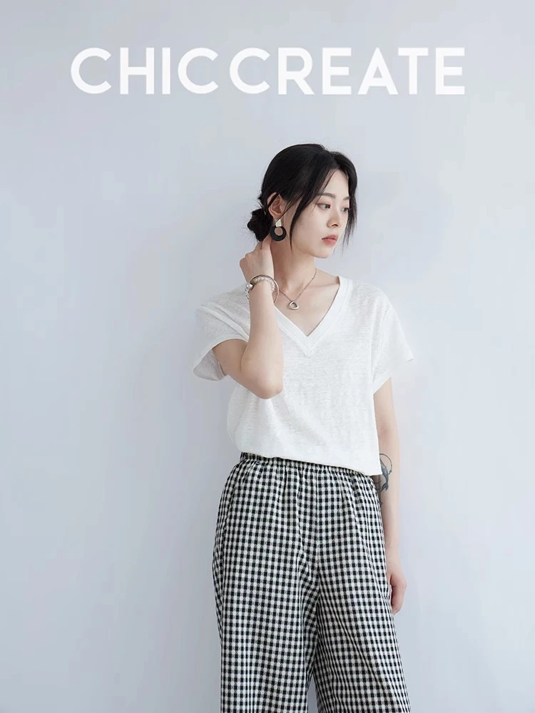 显瘦V领纯亚麻短袖T恤上衣女夏新