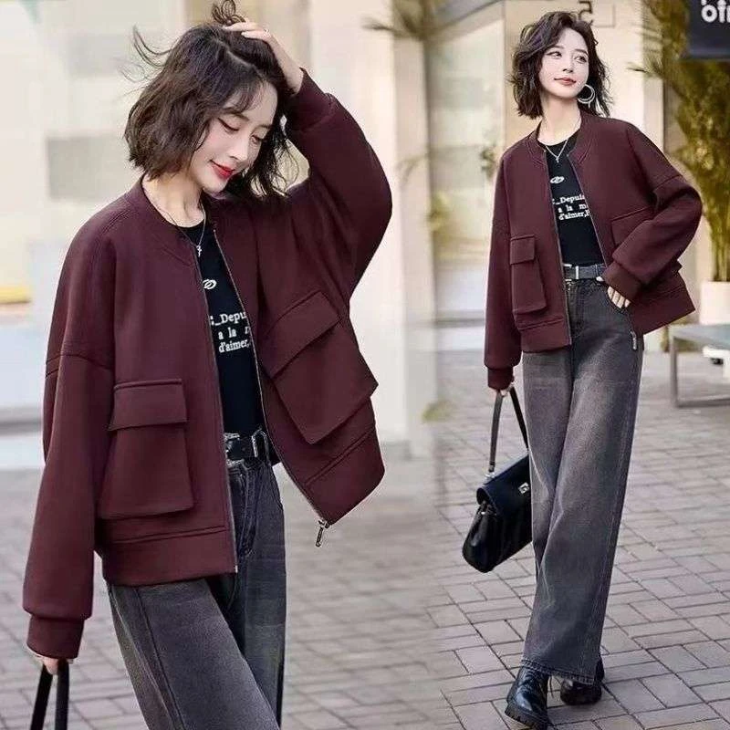 安可拉红休闲百搭立领外套女短款2024春秋季时尚宽松显瘦开衫卫衣