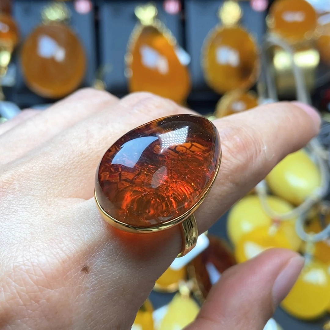 琥珀戒指银S925镀金镶嵌