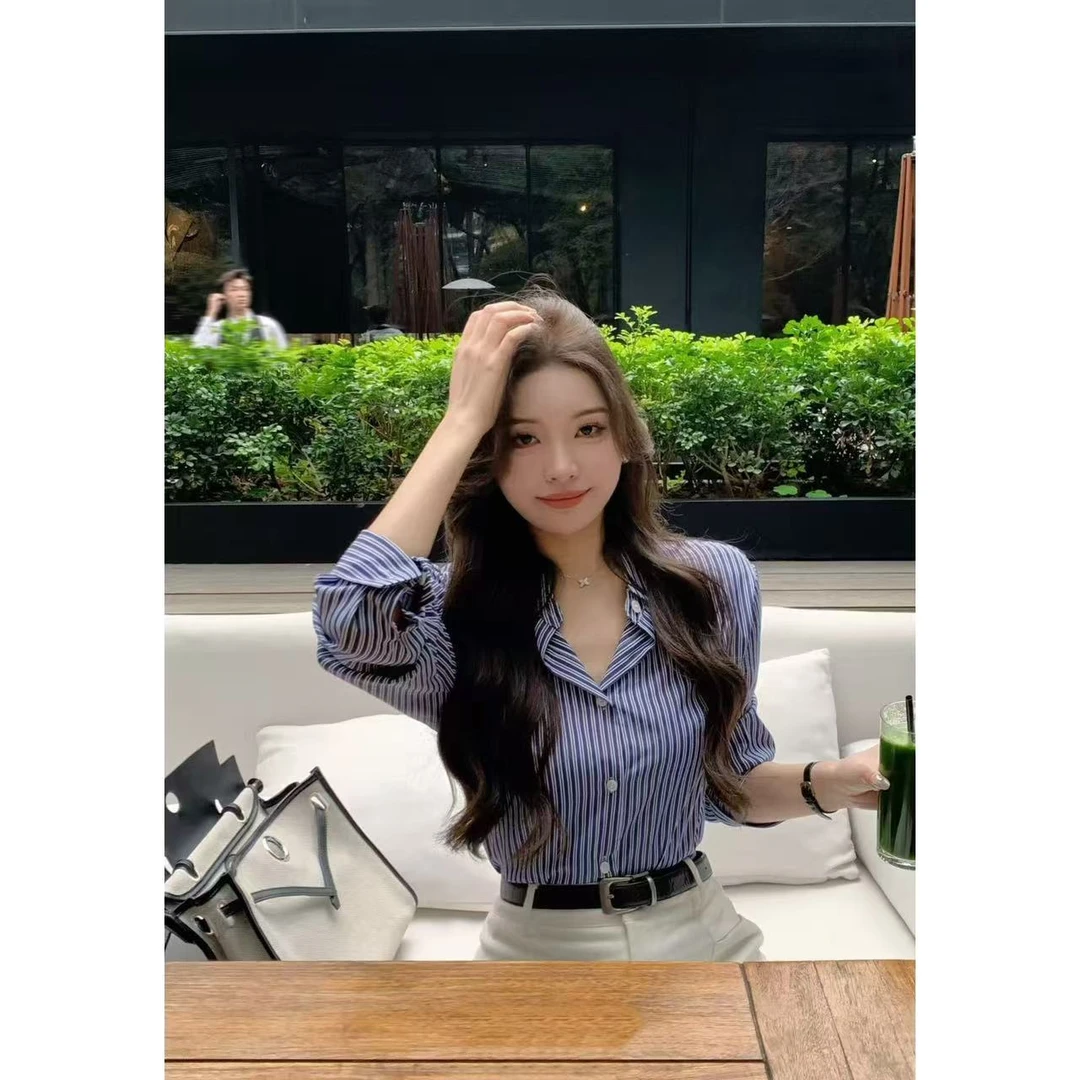 SZA【春日游记】春季新款韩系polo条纹衬衫高腰长裤套装A-1548
