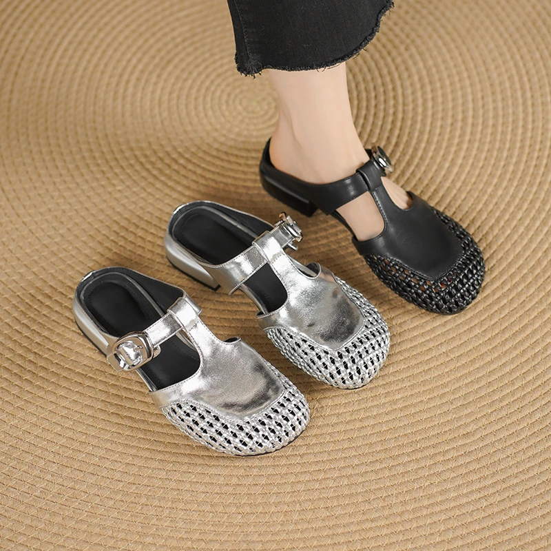 2.5cm新款低跟编织镂空包头拖配裙子粗跟凉拖鞋外穿百搭穆勒拖鞋