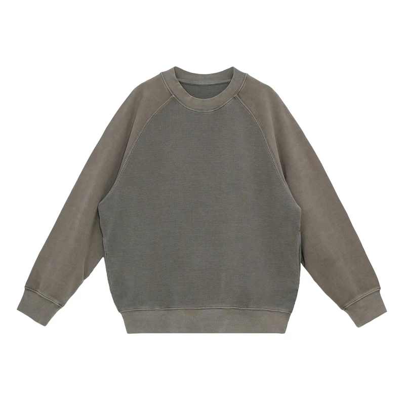 450克重磅拼华夫格圆领套头卫衣男宽松版成衣件染水洗直筒裤套装