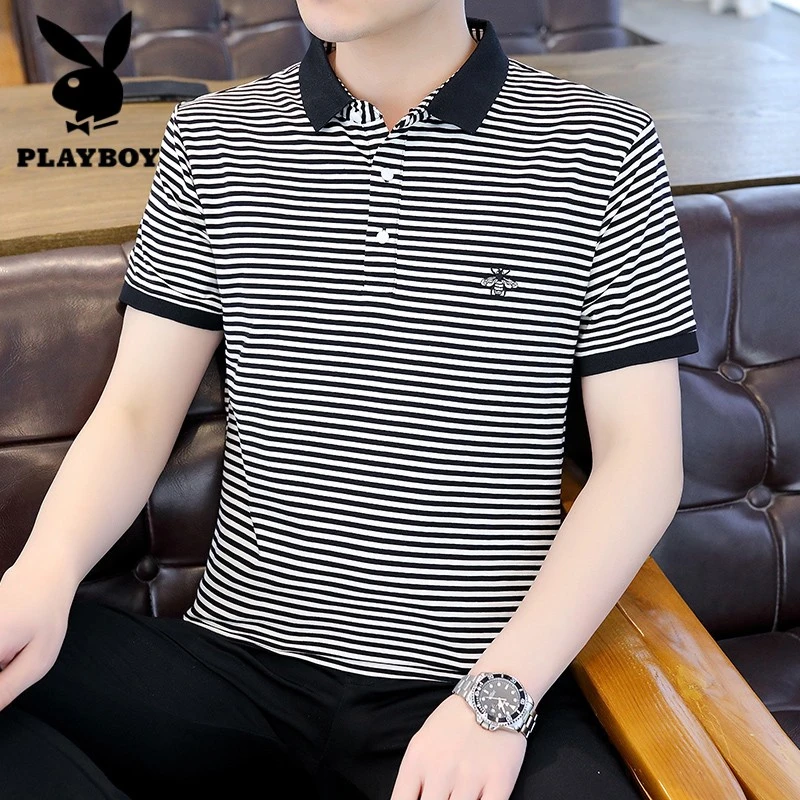 花花公子夏季海魂衫男装横条纹t恤棉短袖上衣服半袖POLO衫蓝色海