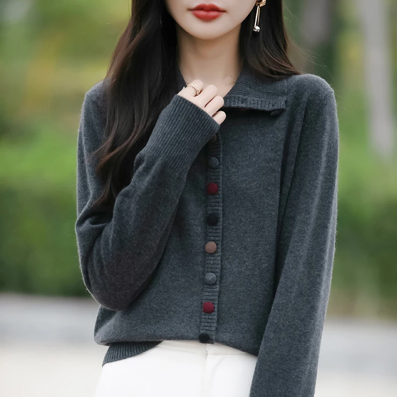 秋冬款彩扣立领开衫纯色百搭女装韩版宽松女针织长袖毛衣外套A