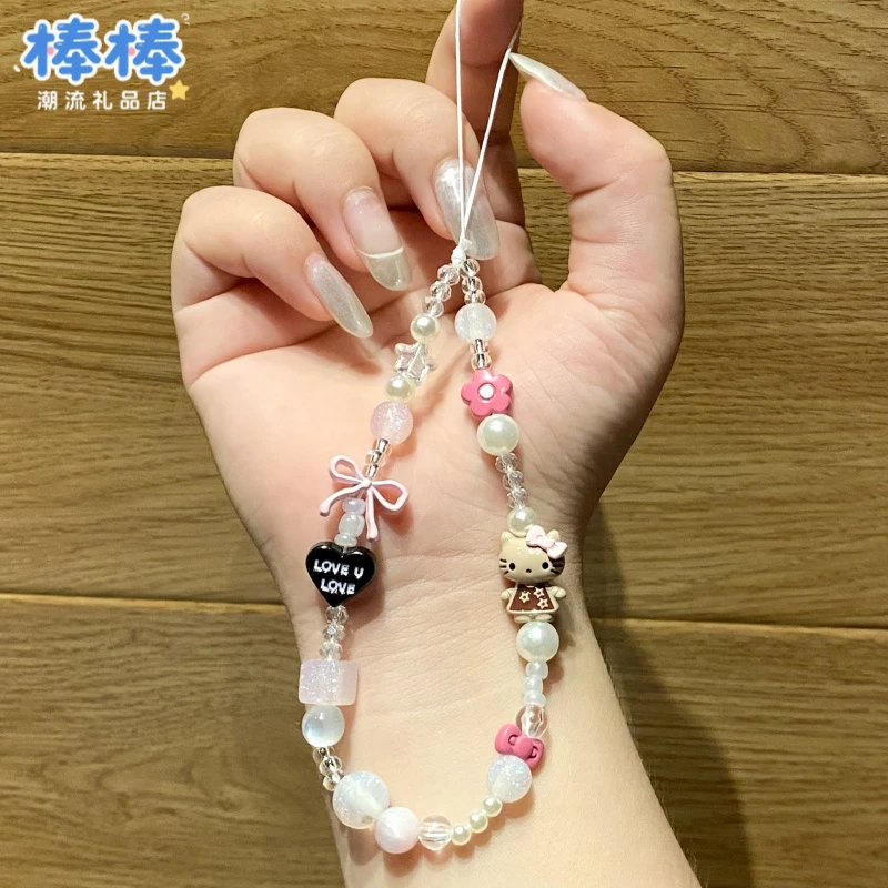 ins卡通手工串珠kt猫手机挂链钥匙扣DIY链条相机ccd背包挂饰防丢