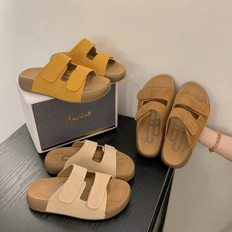 新疆牛皮版魔术贴一字拖厚底勃肯拖鞋女夏外穿休闲凉鞋5065