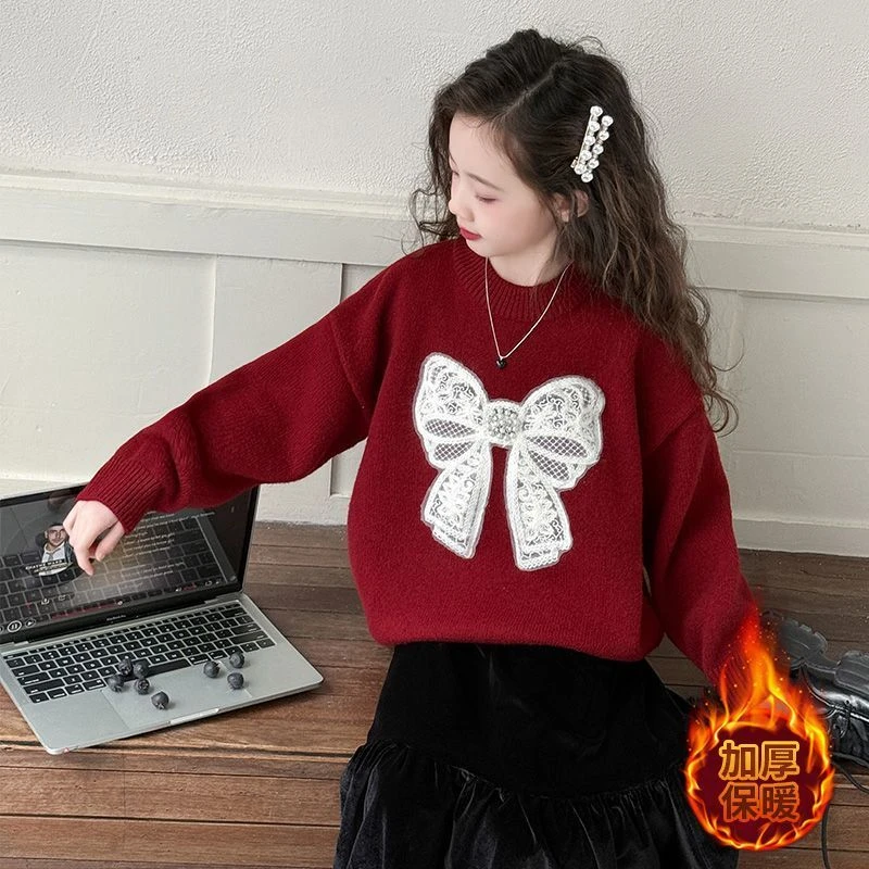 女童中大童红色拜年服毛衣秋冬新款加绒加厚蝴蝶结印花喜庆上衣潮