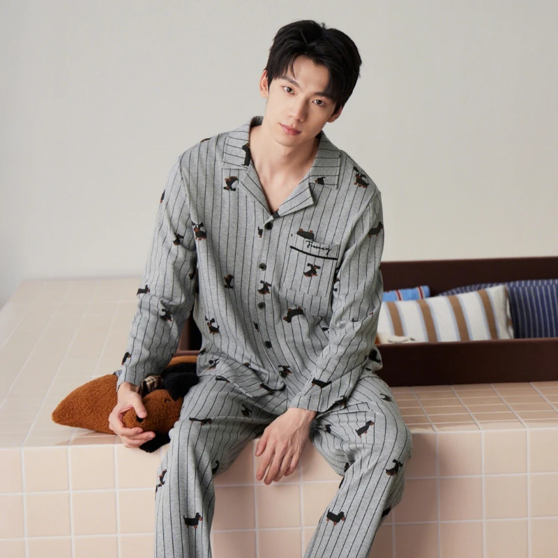芬腾睡衣男士新款春秋季纯棉卡通开衫长袖长裤全棉宽松家居服套装