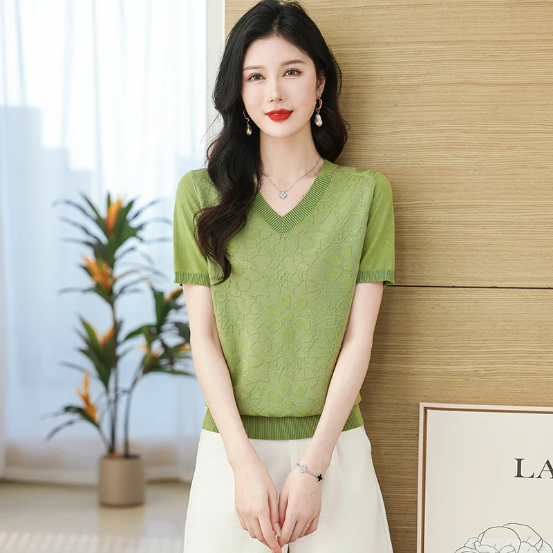 2025新款夏季显瘦遮肚V领 提花薄款天丝短袖百搭妈妈大码纯色针织