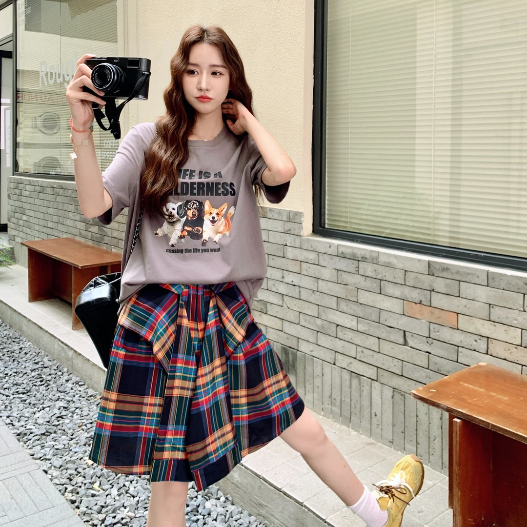 可盐可甜套装裤2025女夏新款学院风甜酷风印花T恤格子裙裤两件套