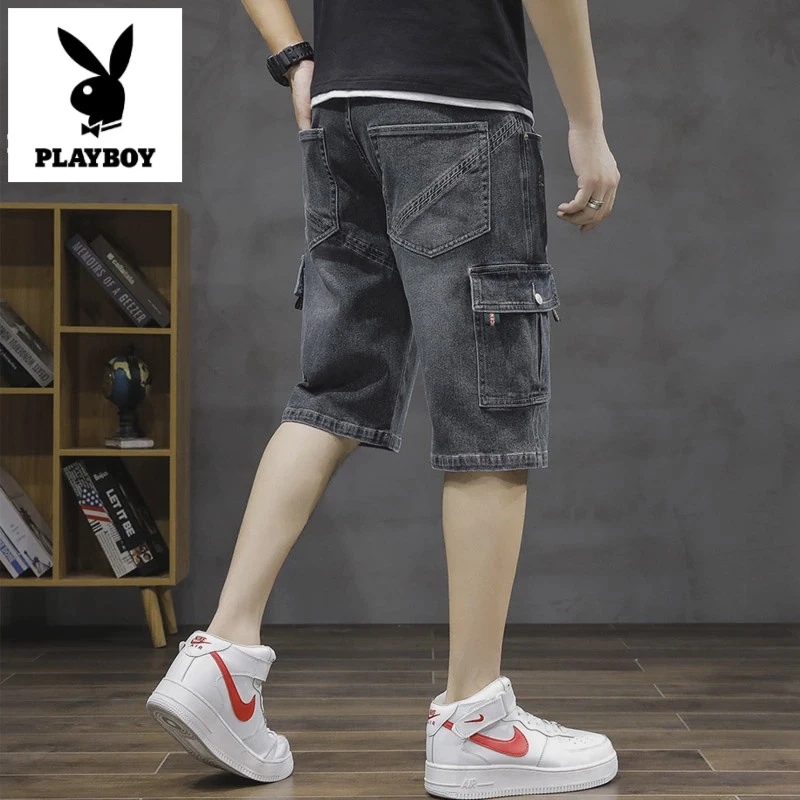 花花公子夏季薄款牛仔短裤男士多口袋宽松弹力直筒工装五