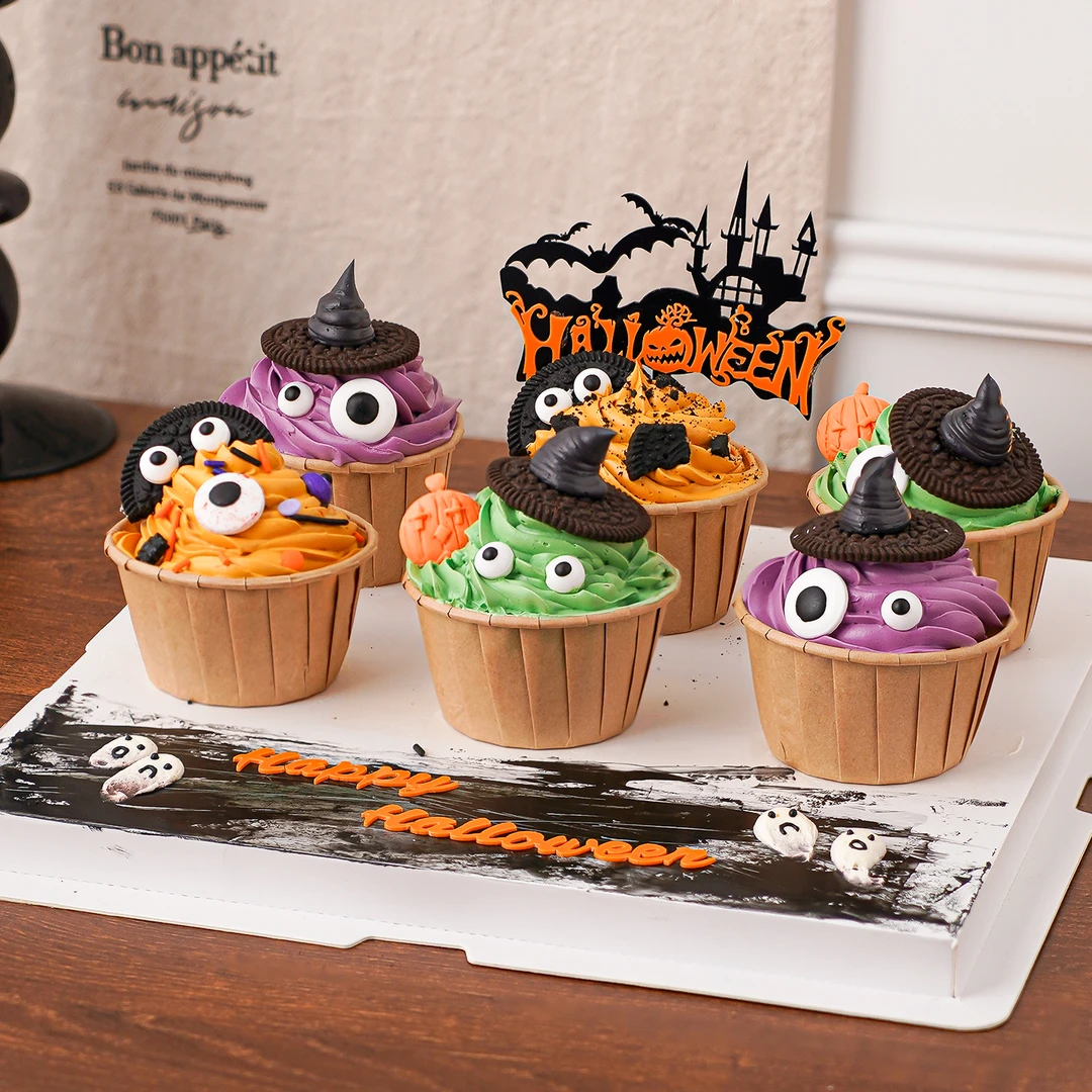 2025万圣节纸杯蛋糕装饰女巫帽子眼睛糖珠万圣节快乐亚克力插件