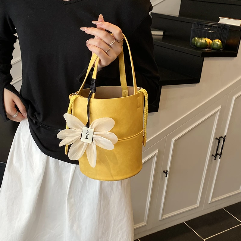水桶包托特包小众文艺风洋气防盗单肩手工韩版斜挎包8031黄