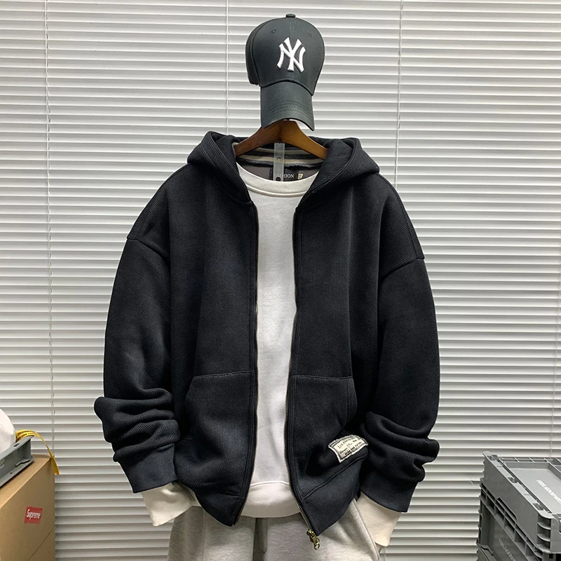 秋冬新款连帽开衫卫衣男款休闲宽松简约纯色潮牌加绒百搭拉链外套