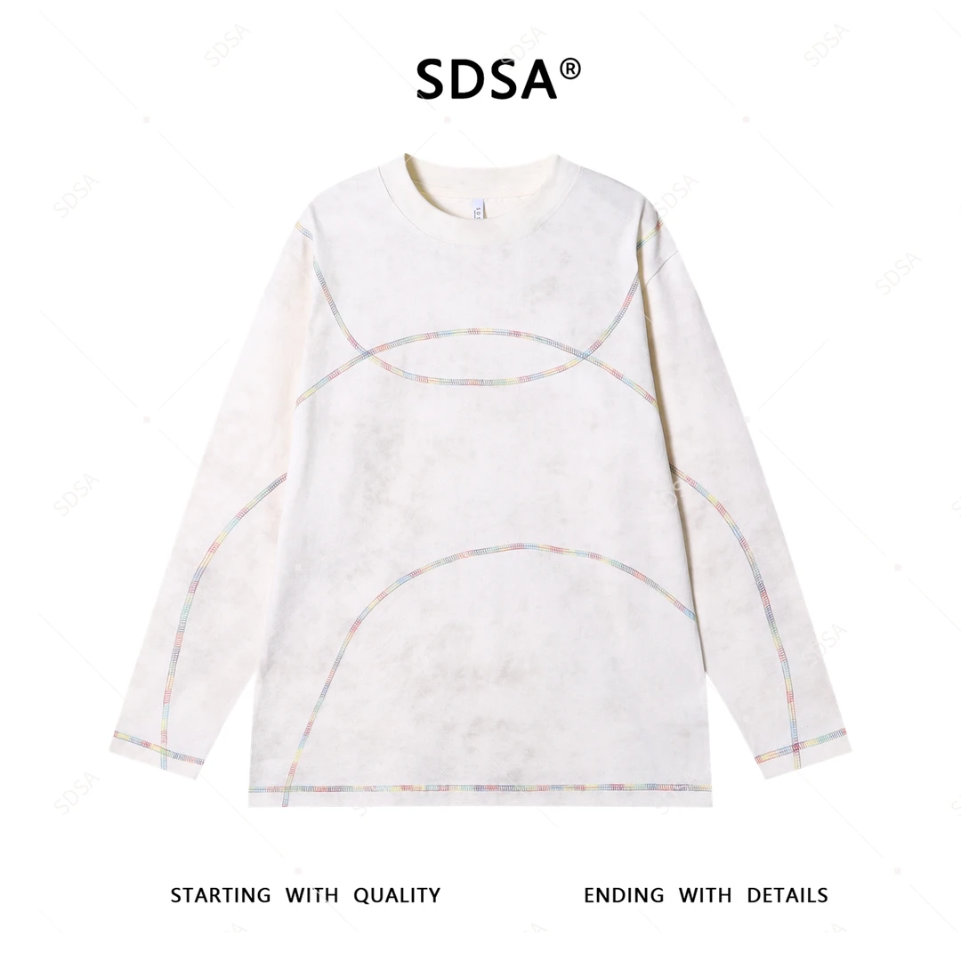 SDSA秋季新款男士痞帅潮牌彩色缝线圆领长袖T恤满天星时尚上衣潮