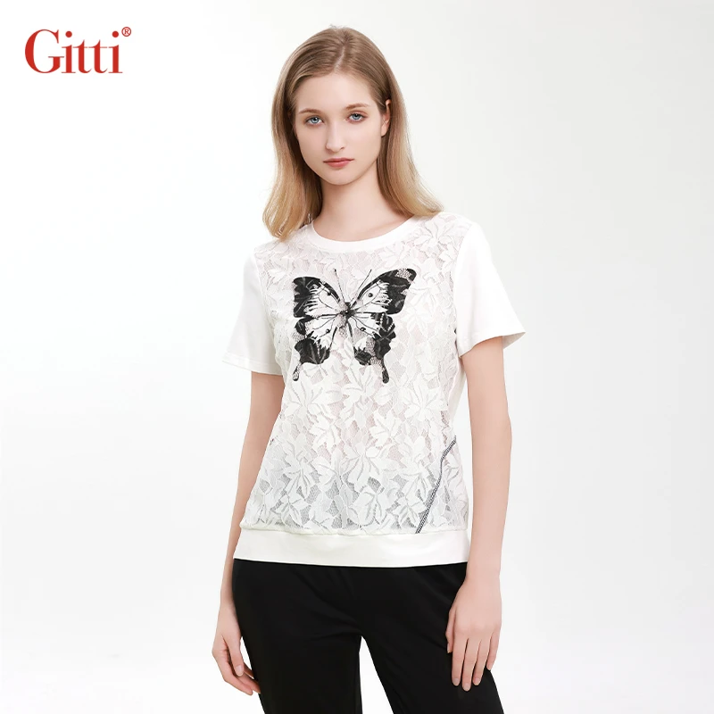 Gitti/吉蒂蝴蝶印花蕾丝拼接T恤女棉圆领宽松大码短袖G251273