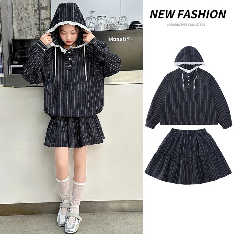女童条纹连帽卫衣短裙两件套2025春秋爆款中大童时尚休闲套装