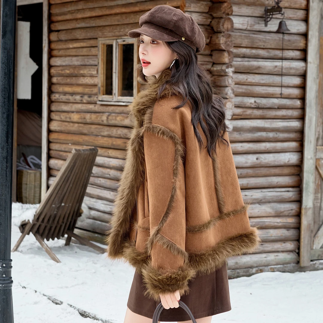 复古皮毛一体短外套女装2025冬季新款气质休闲保暖咖色潮流休闲服