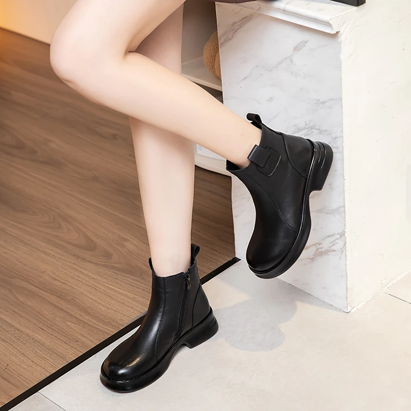 【黑色经典薄绒】【头层牛皮】时尚简约侧拉链马丁靴英伦风短靴 2168