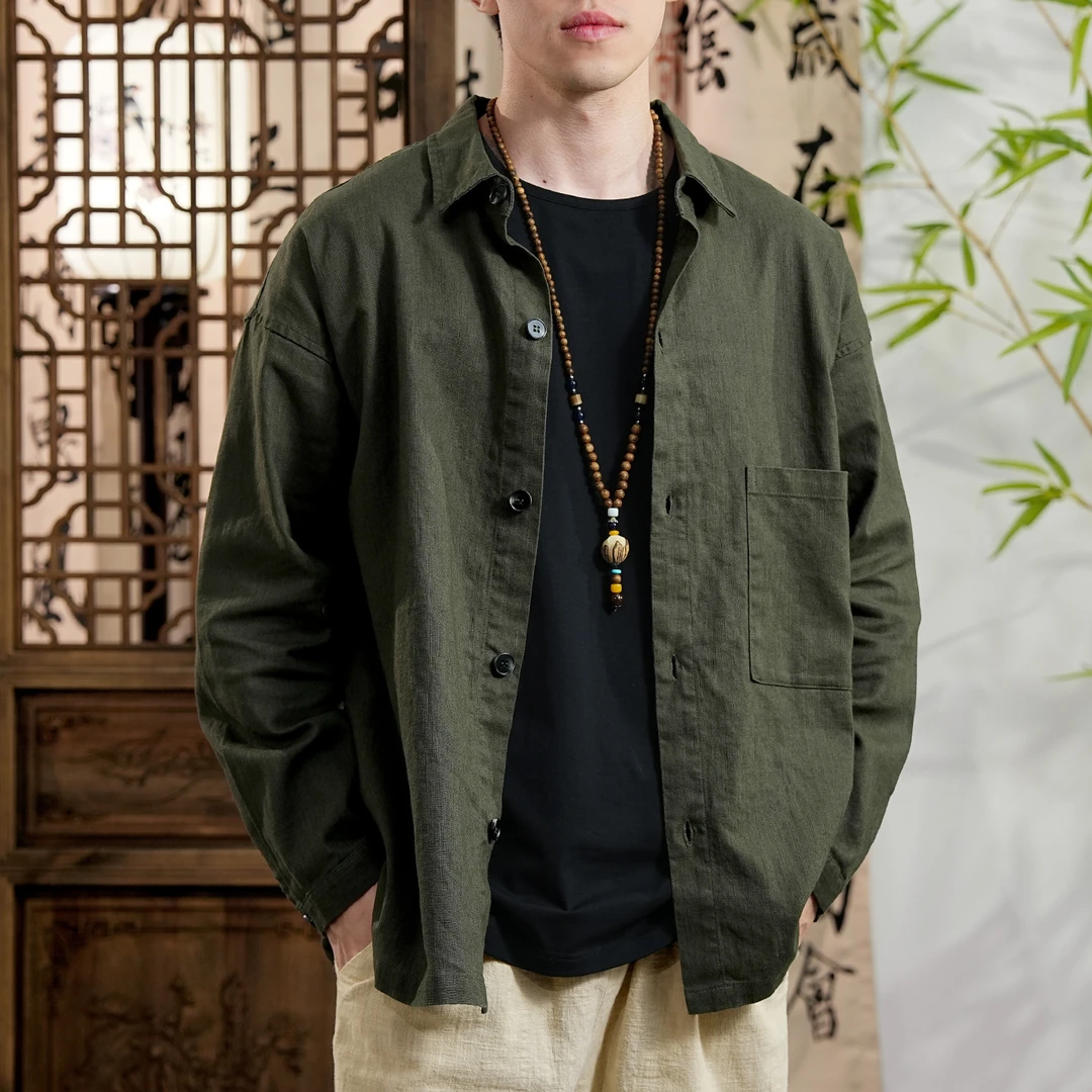 男士雨露麻长袖外套夹克休闲新中式老钱风纯色翻领秋季男装上衣