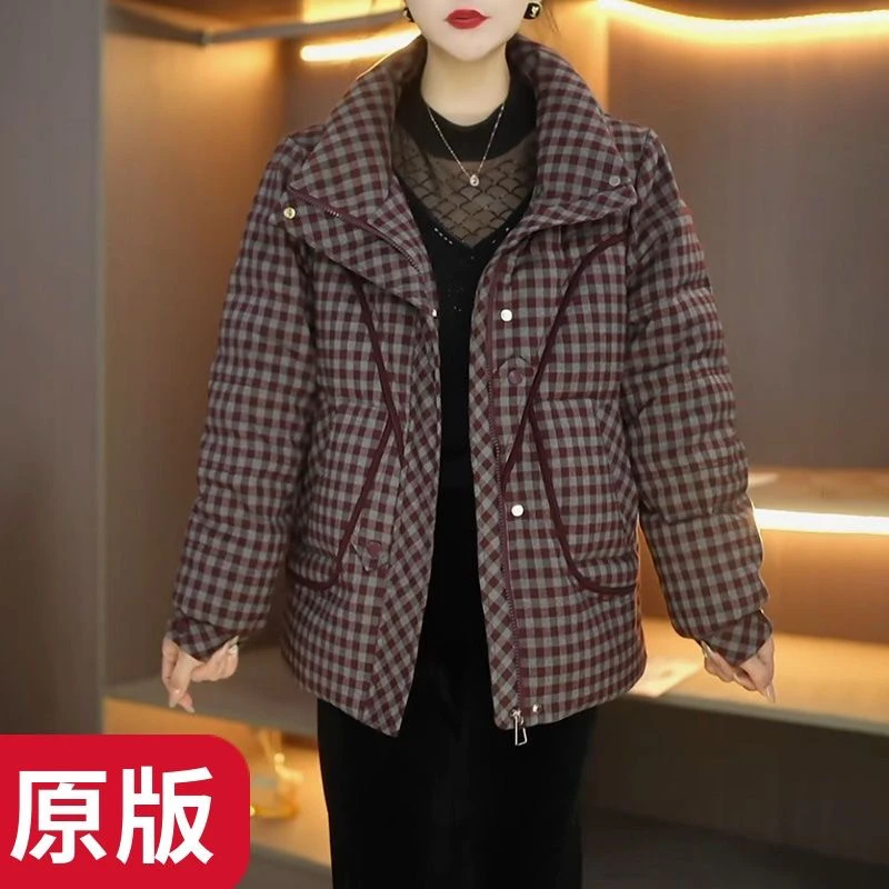 复古格纹保暖棉服上衣女时尚新款女装宽松洋气立领短款女士休闲潮