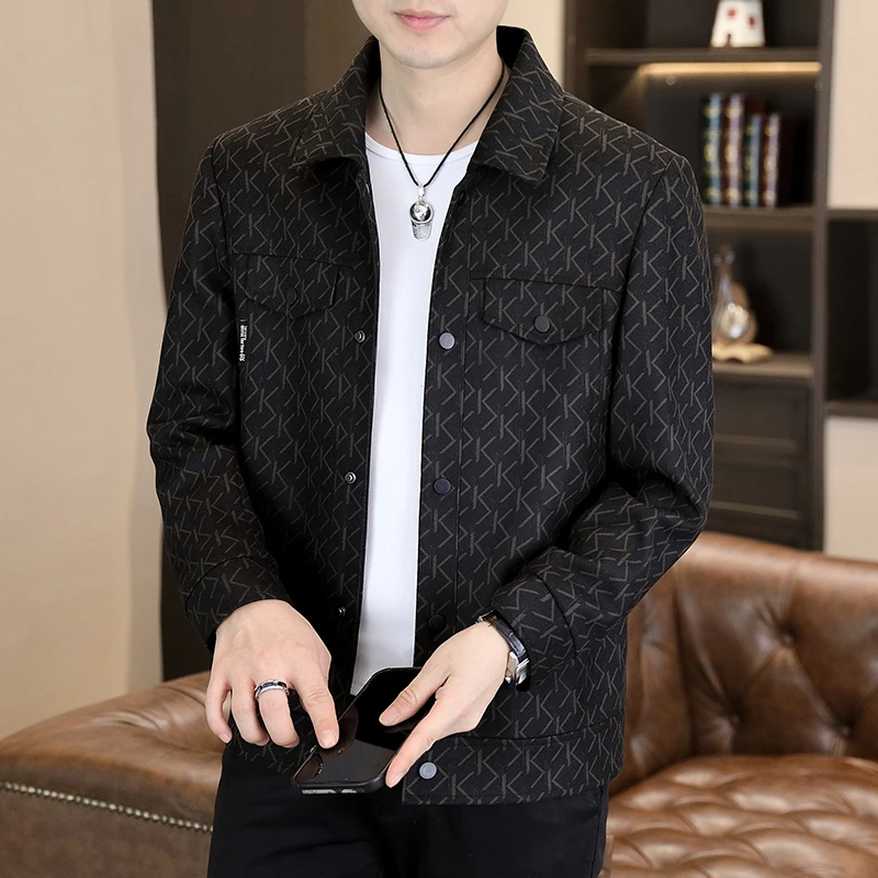 春季新款男士商务休闲印花潮流时尚男士外套男士外套春秋外套秋冬