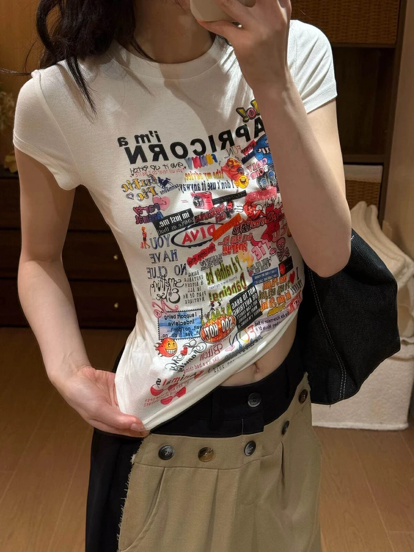 【肉总】美式卡通印花正肩修身显瘦上衣1063