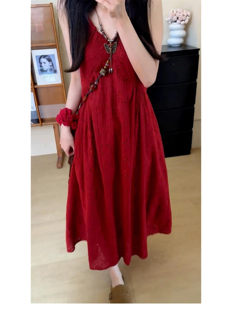 法式流行国风印花氛围感扎染吊带连衣裙子女2025新款早秋气质长裙