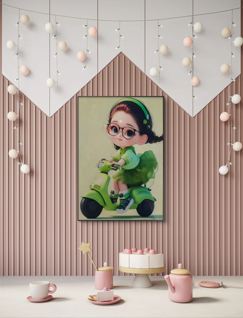 儿童房间装饰画萌娃骑车挂画儿童房挂画