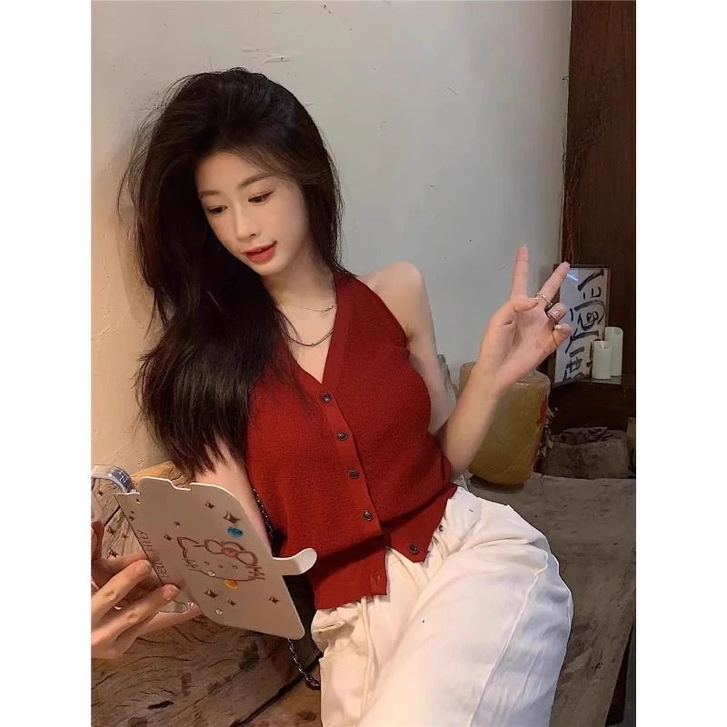 显白红色针织吊带背心女夏季短款修身外穿上衣通勤法式v领背心