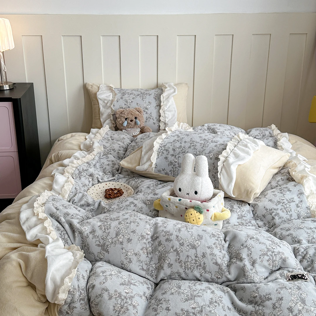 Sunburst新款韩式田园ins小清新拼接花边工艺款加厚牛奶绒四件套