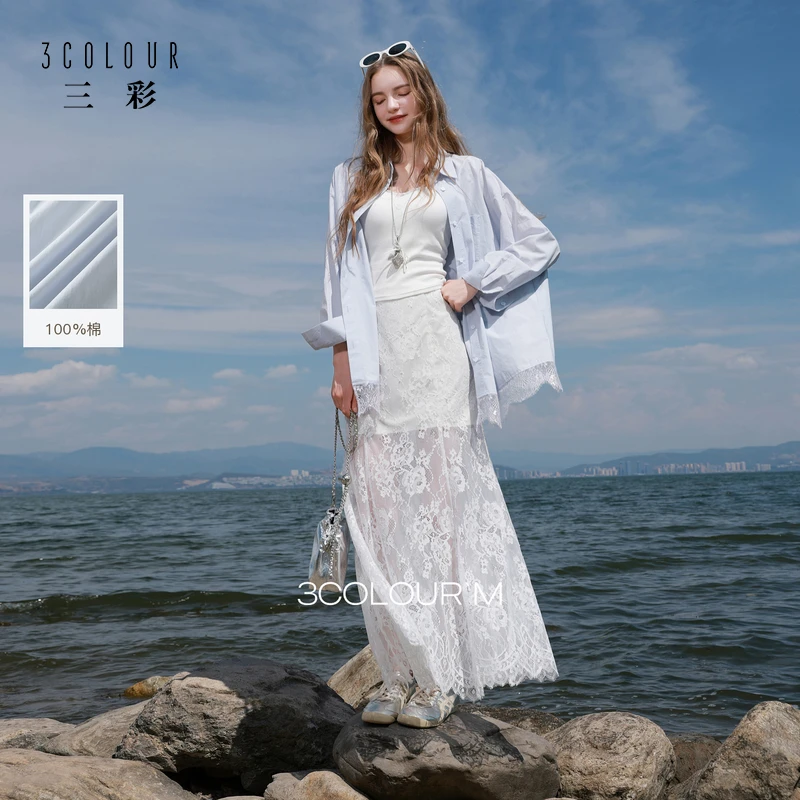 【100棉】三彩2025秋季新款防晒蓝色衬衫蕾丝花边拼接衬衣上衣女M