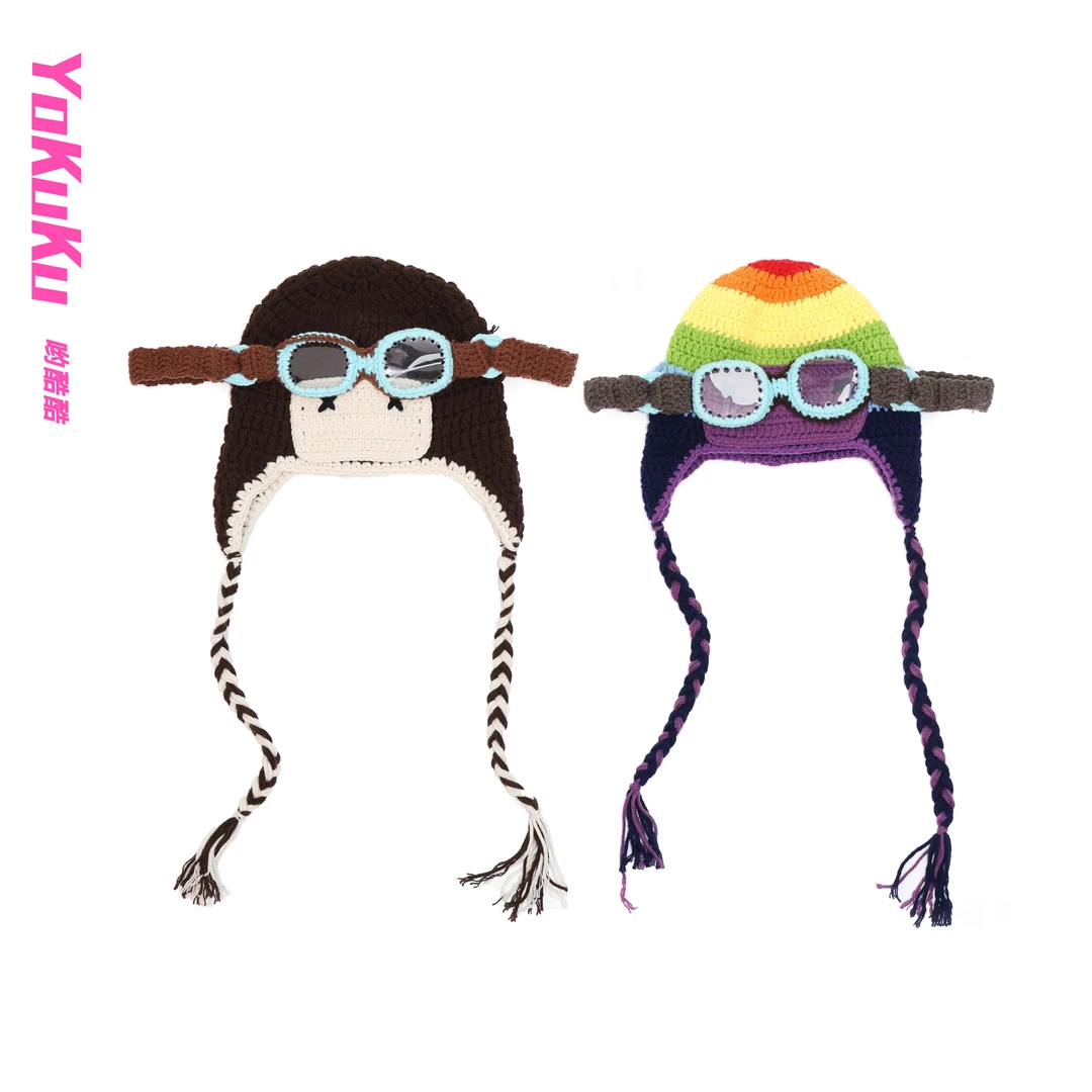 哟酷酷（彩棱风镜）美式复古搞怪眼镜可拆卸护耳保暖飞行毛线帽