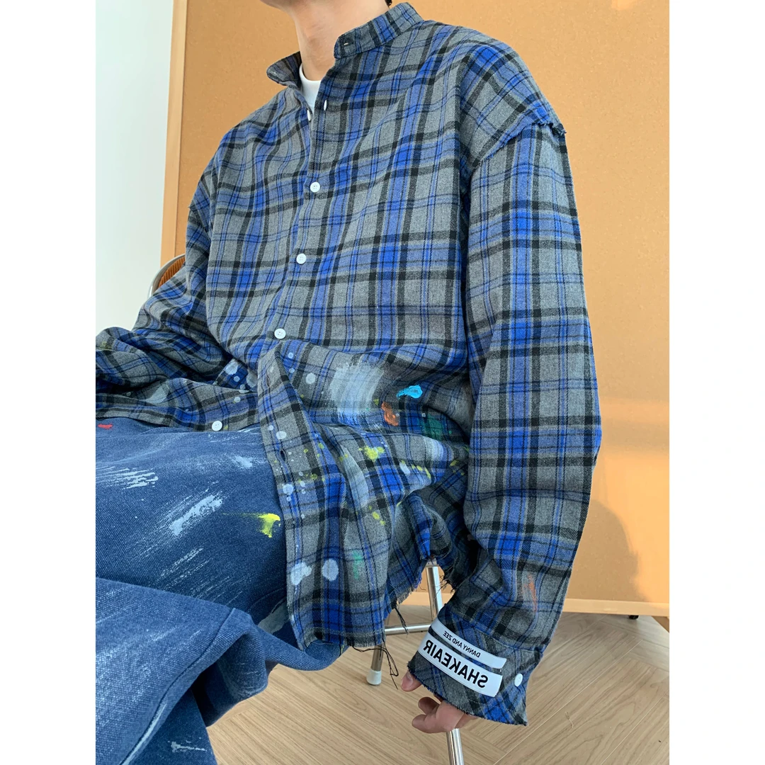 dannyandzee秋季复古美式vintage蓝色立领格子刷漆毛边衬衫681