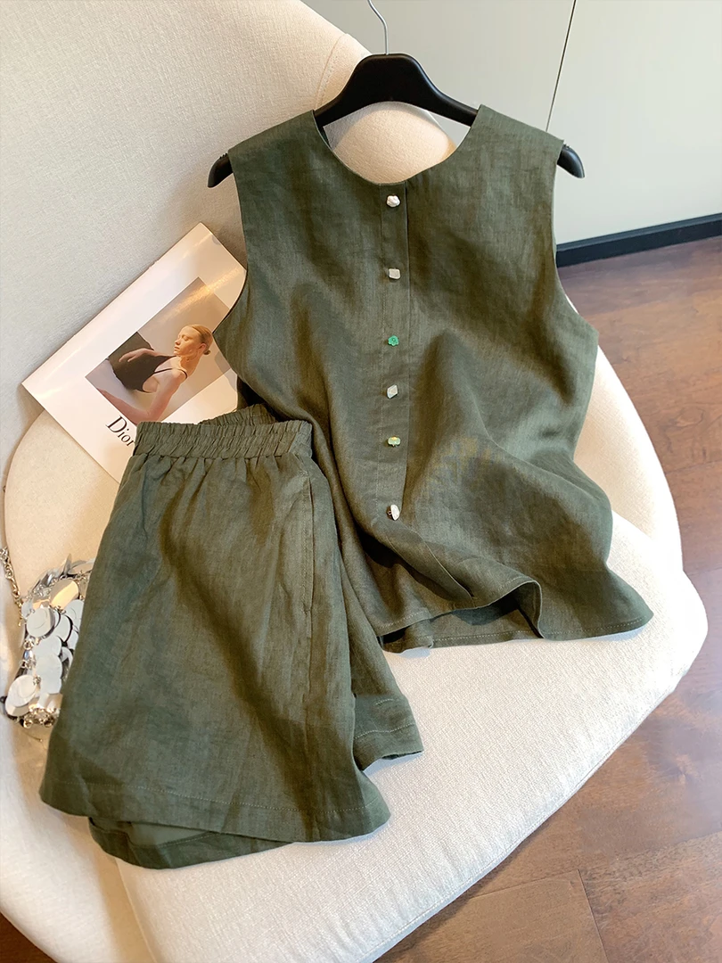 复古墨绿色无袖老钱风套装女2025夏季新高级感气质短裤两件套