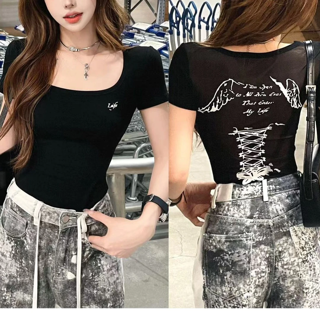 小鱼【天使网纱】夏季咖啡杯字母印花T恤百搭显瘦上衣LWJ24B2T817