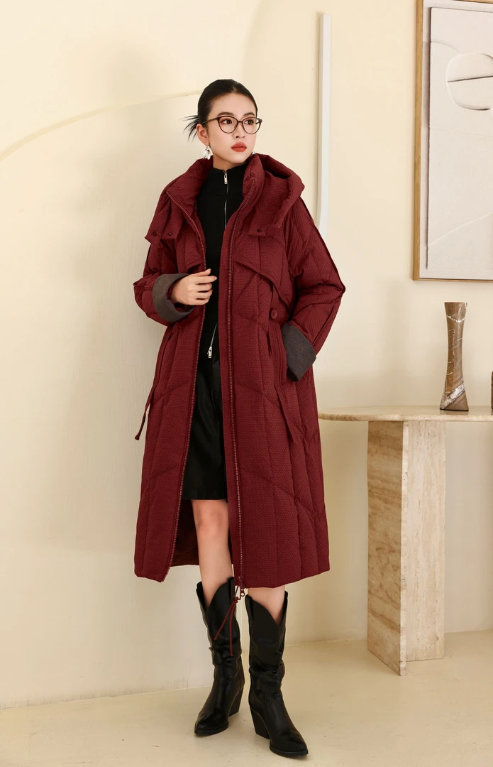 MK474#长款过膝茧型连帽羽绒服2025冬季新款白鸭绒羽绒服