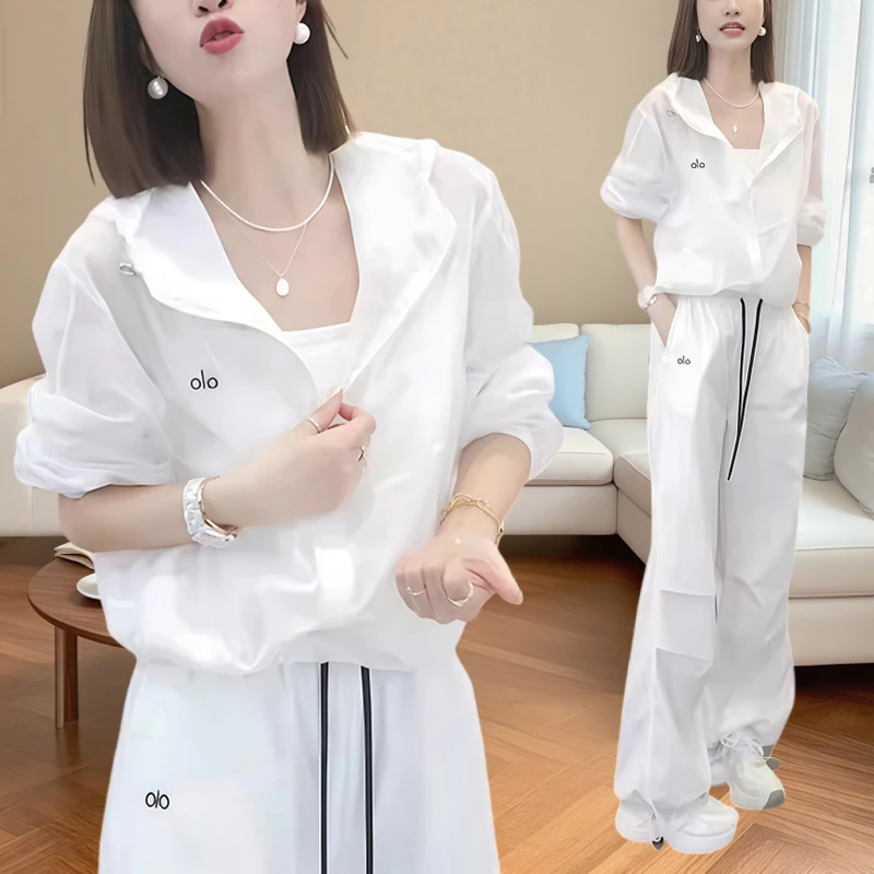 韩版百搭女士白色休闲运动服套装夏季薄款速干防晒衣工装裤两件套