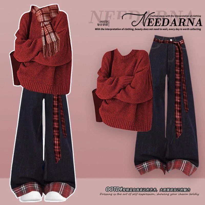 其它100%秋冬季ootd穿搭韩系红色毛衣巨好看的秋装一整套装大方得