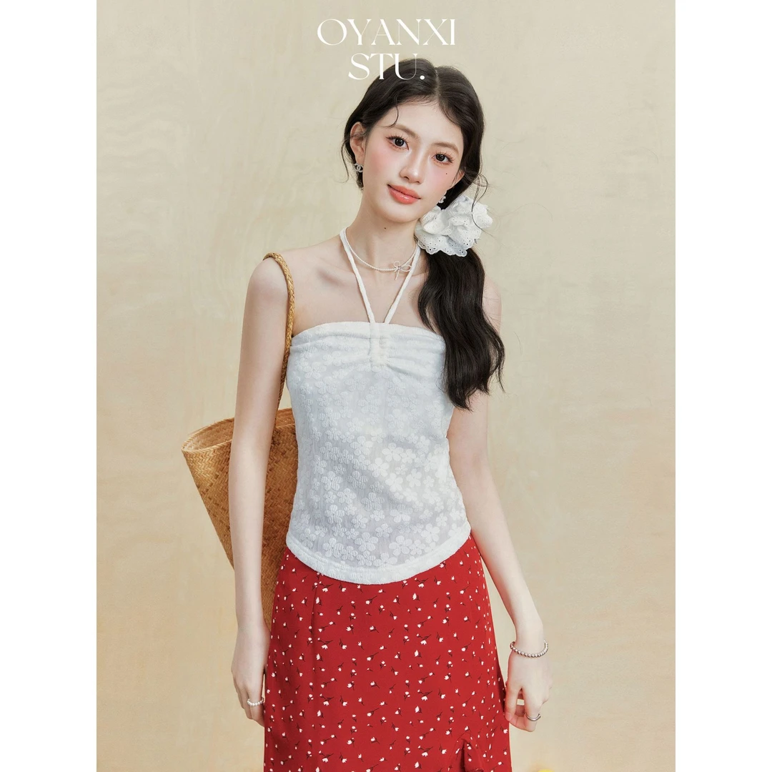 欧阳喜【海岛热恋】夏季抹胸挂脖白杏色上衣红色半身裙套装235Q583+