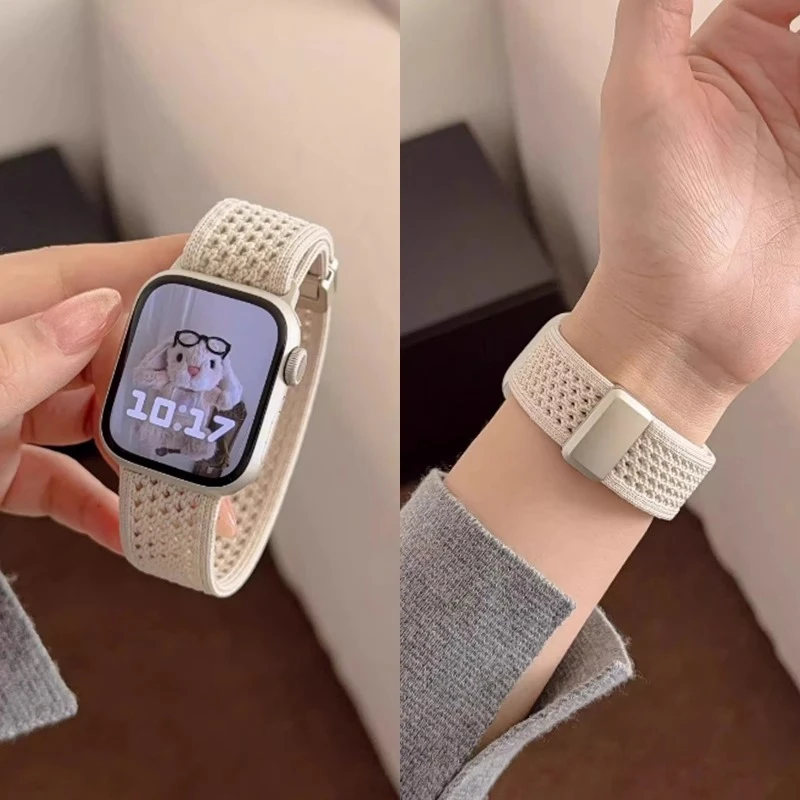 适用苹果applewatchs11透气编织s10手表带9磁吸8尼龙Ultra女腕带