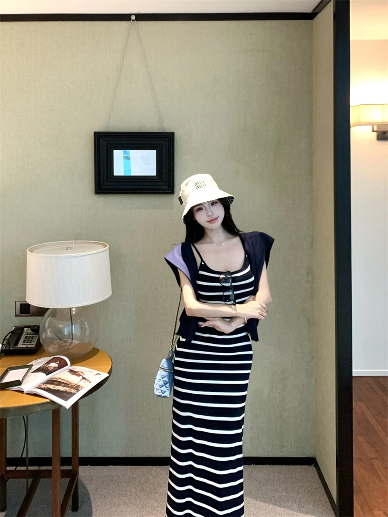 辣妹吊带连衣裙女夏季新款两穿气质修身高级感无袖长裙披肩套装女